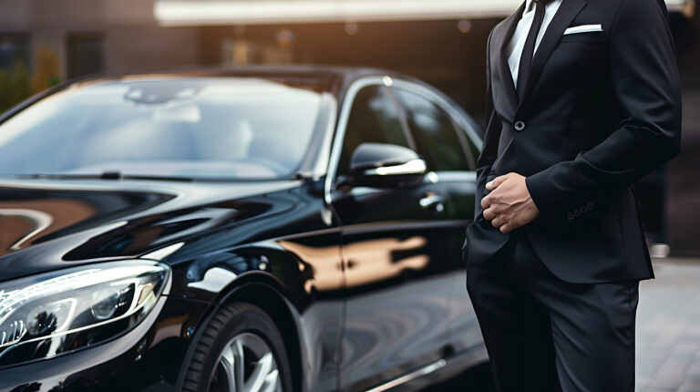 Mann im eleganten Anzug steht vor einer schwarzen Limousine im Premium-Fahrservice