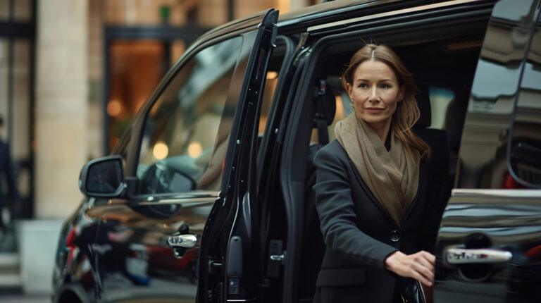 Frau steigt aus einem modernen Minivan und nutzt einen komfortablen Shuttle-Service
